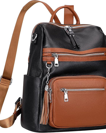 ALTOSY Genuine Leather Backpack Purse for Women Large Shoulder Bag With Laptop Compartment Multiple Pockets (S106 Black/Brown)