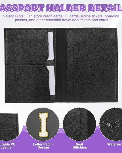 PATIKIL Passport Holder for Travel, Initial Passport Cover and Luggage Tag Set with Alphabet Chenille Letter Patch Travel Wallet Bag Suitcase Identifier for Women Family Travel Black I