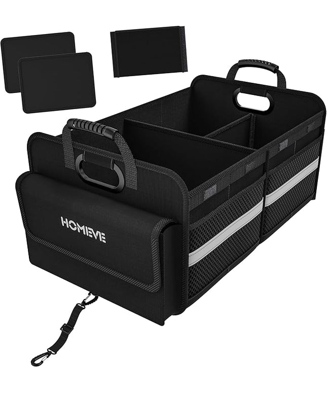 Homeve Trunk Organizer for Car, Collapsible Storage Box, Car Storage Organizer, 3 Compartment, Multi Pockets, Non Slip Strips, Adjustable Securing Straps, Black
