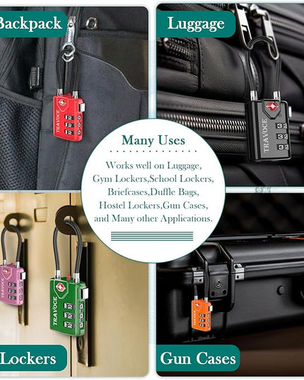 Search Alert TSA Approved Travel Combination Luggage Cable Locks for Suitcase, Gym Locker,Toolbox,Backpack 1,2,4,6 &10 pk (Three Colors)