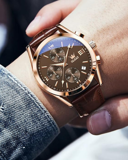 OLEVS Leather Chronograph Watch Men - Leather Strap (Brown/Black), Work Luminous Waterproof Analog Quartz Dress Wrist Watch with Blue/Black/Brown/White Dial