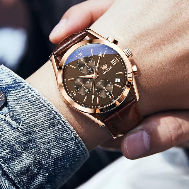 OLEVS Leather Chronograph Watch Men - Leather Strap (Brown/Black), Work Luminous Waterproof Analog Quartz Dress Wrist Watch with Blue/Black/Brown/White Dial