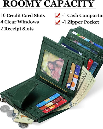 Airkit Small Wallet Women RFID Blocking Soft Leather Bifold Compact Card Holder Wallet for Women with Zipper Coin Pocket 4 ID Window