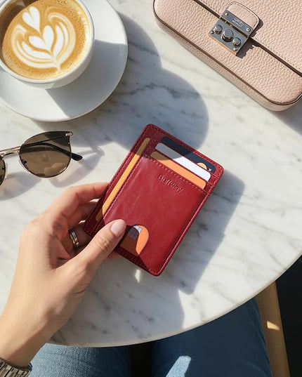 Buffway Slim Minimalist Front Pocket RFID Blocking Leather Wallets for Men and Women - Alaska Cherry