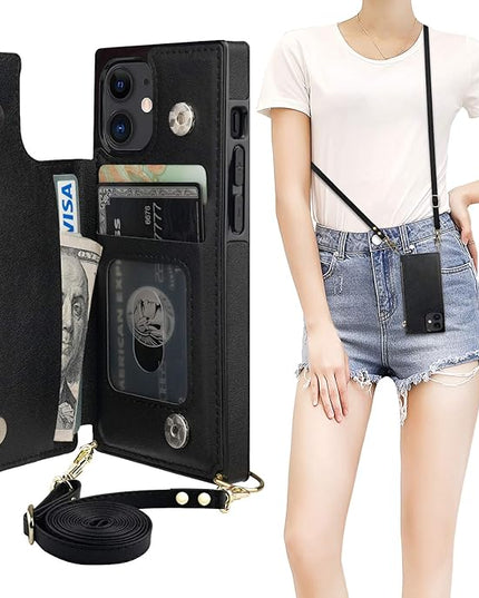 Bocasal Crossbody Wallet Case for iPhone 12 Mini with Card Holder,Zipper Card Slot Protector Shockproof Purse Cover with Removable Cross Body Strap 5.4 Inch(Black)