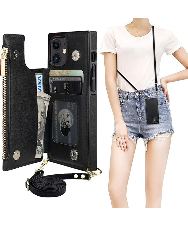 Bocasal Crossbody Wallet Case for iPhone 12 Mini with Card Holder,Zipper Card Slot Protector Shockproof Purse Cover with Removable Cross Body Strap 5.4 Inch(Black)