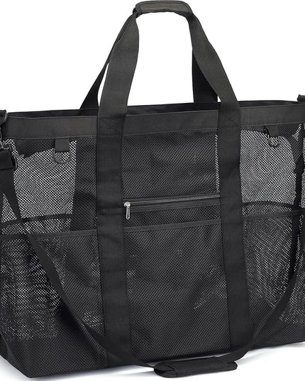 Mesh Beach Bag, Large Beach Tote with Zipper Pocket, Toys Pool Bag for Family Travel Vacation Cruise Essentials