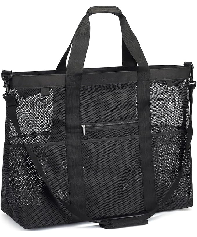 Mesh Beach Bag, Large Beach Tote with Zipper Pocket, Toys Pool Bag for Family Travel Vacation Cruise Essentials