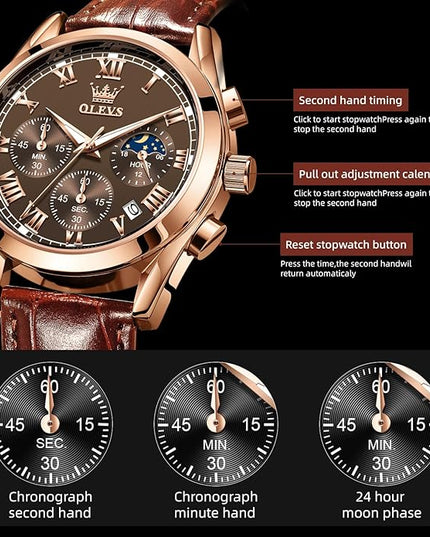 OLEVS Men's Watches Leather Strap Analog Quartz Watch, Fashion Big Dial Date Waterproof Watch, Dress Luxury Luminous Men Watches