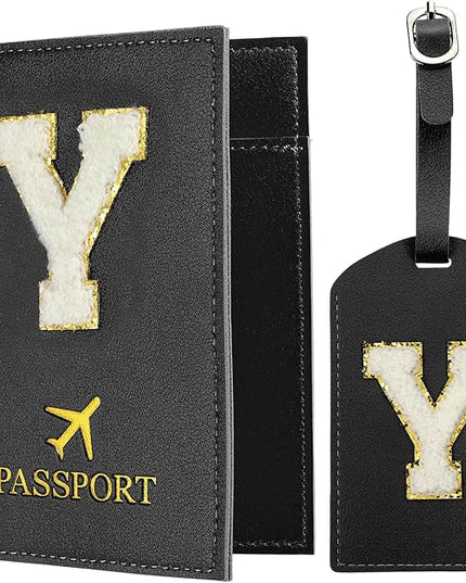 PATIKIL Passport Holder for Travel, Initial Passport Cover and Luggage Tag Set with Alphabet Chenille Letter Patch Travel Wallet Bag Suitcase Identifier for Women Family Travel Black Y