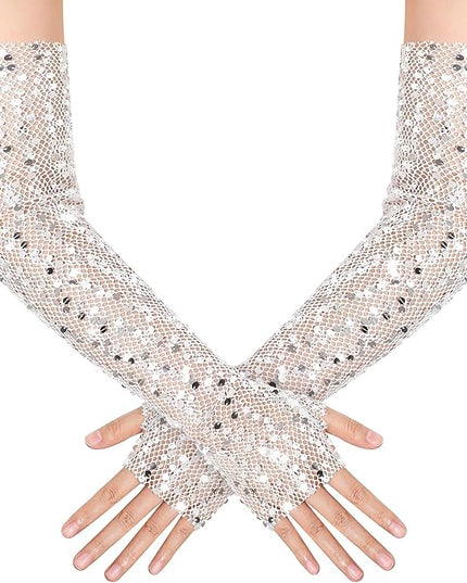 BABEYOND Opera Gloves for Women - Long Fingerless Sequin Sparkling Glitter Gloves Tea Party Stretchy Adult Size Elbow Length
