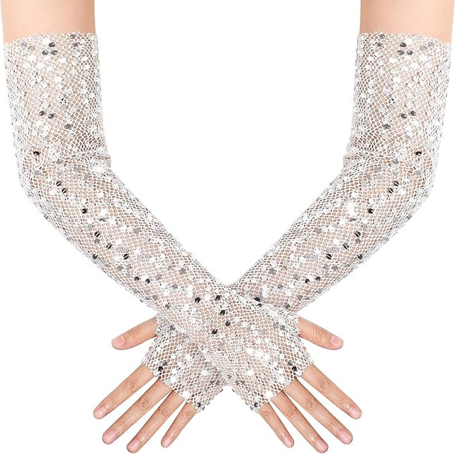 BABEYOND Opera Gloves for Women - Long Fingerless Sequin Sparkling Glitter Gloves Tea Party Stretchy Adult Size Elbow Length