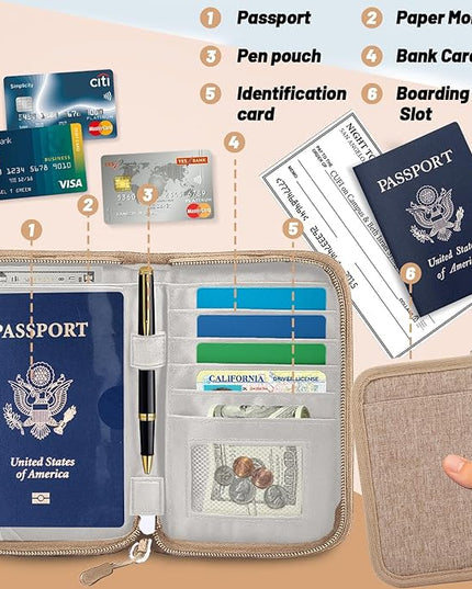 Passport Holder for Travel Essentials, RFID Blocking Protector Passport Wallets, Passport Document Organizer Case for Travel Must Have, Passport Book for Women, Couple, Family Cards, Tickets, ID, Cash