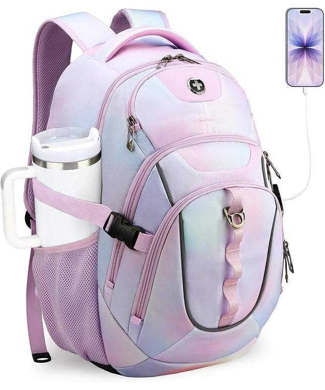Swissdigital Laptop Backpack with USB Charging Port, Travel Backpack Fits 15.6 inches Computer, 31L Backpack for Women, Pink Purple | SD803-104