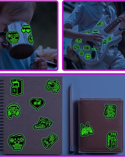 75 Pcs Glow in The Dark Neon Gamer Gamepad Kids Stickers, Game Controller Joystick Video Gaming Sticker for Water Bottle, Waterproof Decals for Teens Girls Boys Students Adults
