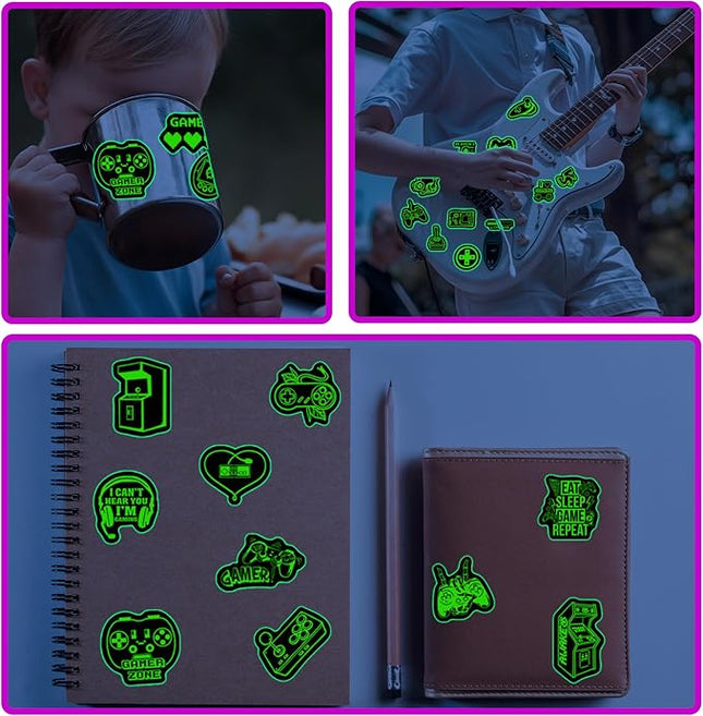 75 Pcs Glow in The Dark Neon Gamer Gamepad Kids Stickers, Game Controller Joystick Video Gaming Sticker for Water Bottle, Waterproof Decals for Teens Girls Boys Students Adults