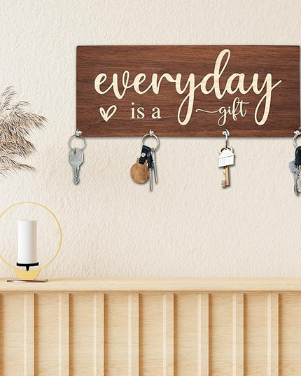 Yhtmbf Everyday is A Gift Wooden Key Holder for Wall - 5"x10" Key Organizer Hanger with 4 Hooks for Home Front Door Hallway Entryway Kitchen - Home Office Decor & Housewarming Gifts Supplies - A04