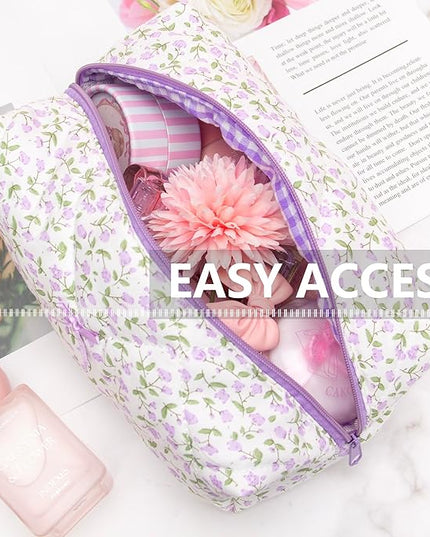 PAZIMIIK Cozy Makeup Bag Travel Cosmetic Bag for Women Soft Toiletry Bag Aesthetic Makeup Organizer Portable Large Zipper Pouch for Skincare Beauty Accessories Brushes Floral Purple