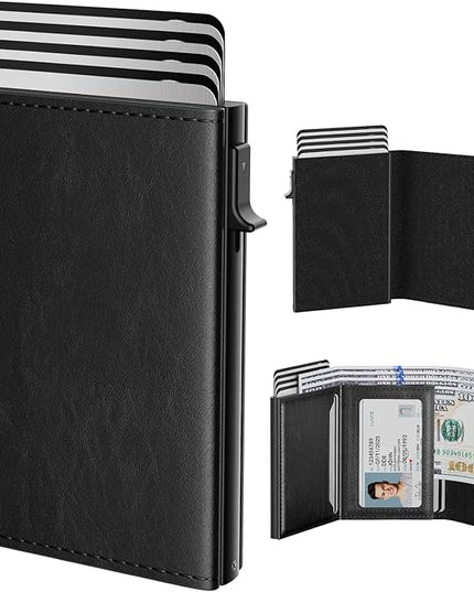typecase Mens Wallet Card Holder: Pop Up Aluminum Case, Genuine Leather, Smart, RFID Blocking, Slim, Minimalist, Front Pocket - 9-14 Card Capacity | ID Window | Cash Slot - Oil Wax Black