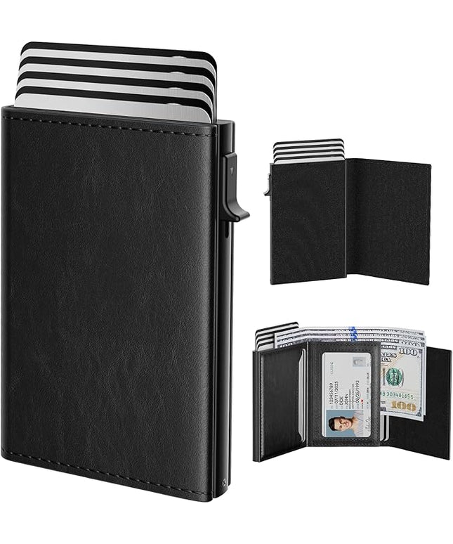 typecase Mens Wallet Card Holder: Pop Up Aluminum Case, Genuine Leather, Smart, RFID Blocking, Slim, Minimalist, Front Pocket - 9-14 Card Capacity | ID Window | Cash Slot - Oil Wax Black