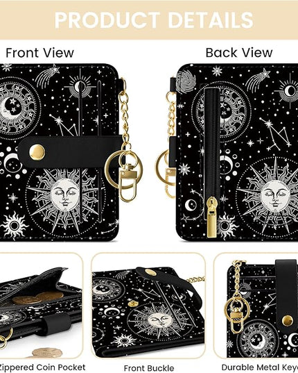 Sodsay Small Slim Wallet Women RFID Blocking, PU Leather Bifold Ladies Wallet with Zipper Coin Pocket, Thin Cute Travel Card Wallets for Girls, Black Celestial Symphony