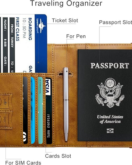 WALNEW Passport Holder for Travel, RFID Passport Cover Wallet for Women Men, PU Leather Passport Book Card Holder Case with Pen, Travelling Essentials for Flying