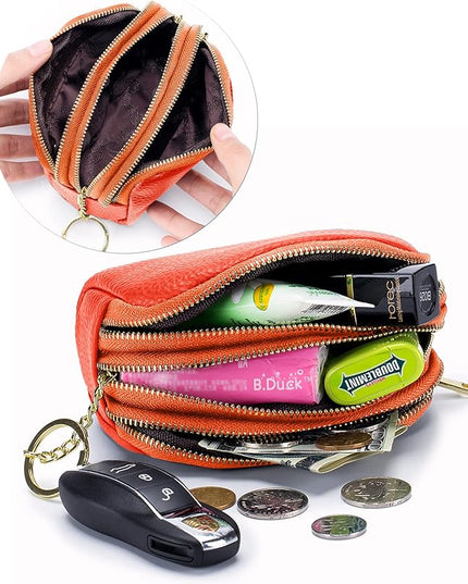 LINNO 3 Zippered Genuine Leather Coin Purse Triple Capacity Change Pouch Little Travel Wallet With Key Ring for Women