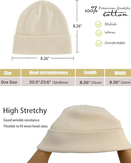 100% Cotton Beanie Hat- Unisex Ultra Soft Winter Warm Stretch Knit Cuffed Hats Fisherman Beanies Skull Cap