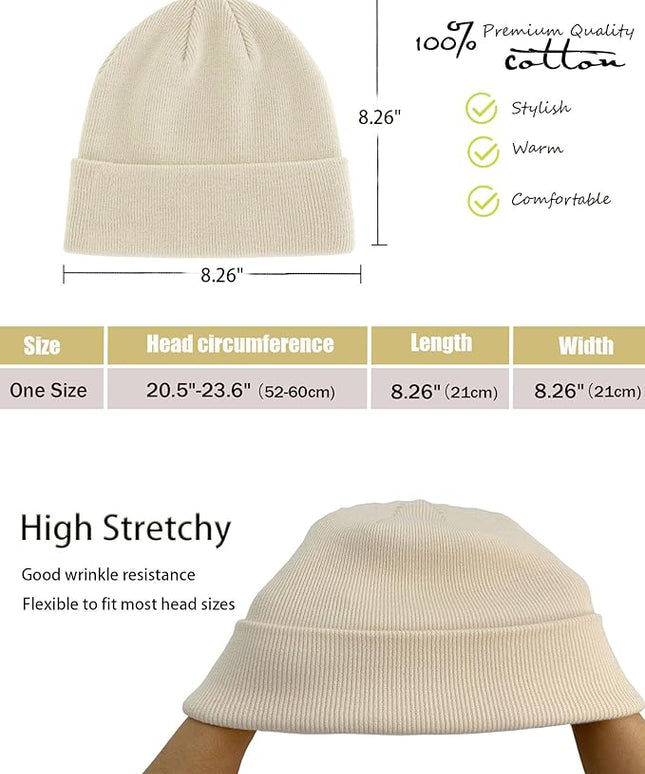 100% Cotton Beanie Hat- Unisex Ultra Soft Winter Warm Stretch Knit Cuffed Hats Fisherman Beanies Skull Cap