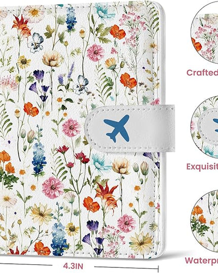 Passport Holder for Travel Essentials, RFID Blocking Leather Cover Wallet with Magnetic Closure, Aesthetic & Cute Passport Book Case for Women and Men - Wildflower