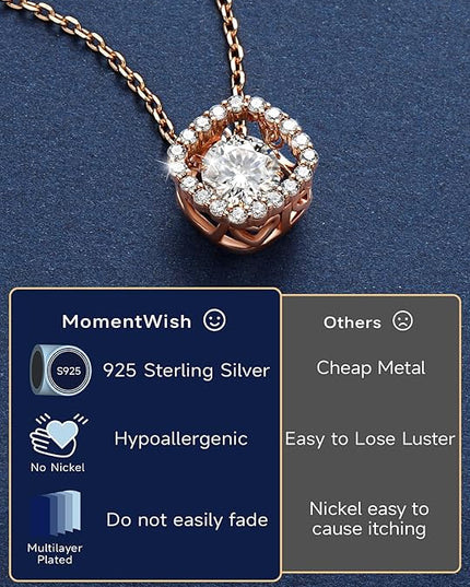 MomentWish Floating Necklace for Women, 0.5/1 Carat Dancing Moissanite Necklace for Her 925 Sterling Silver Pendant Anniversary Birthday Christmas Gift for Wife Mom Girlfriend