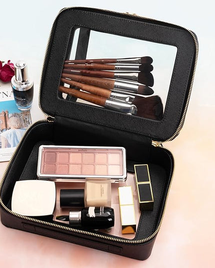 Aveniee XL Clear Makeup Organizer,Double Layer Travel Cosmetic Case with Brush Holder & Zippered Compartments,Big Toiletry Bag for Travel Accessories,2 Layers Large,Black