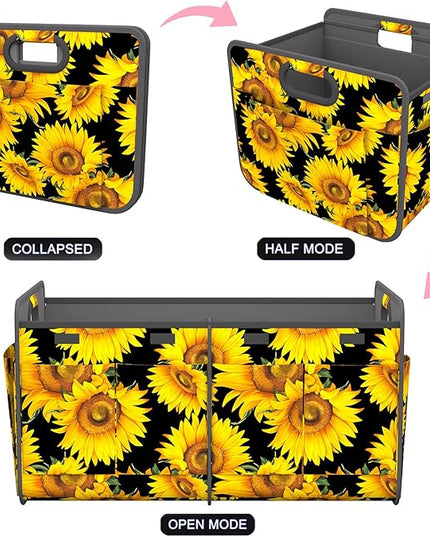 Homeve Trunk Organizer, Car Storage, Reinforced Handles, Collapsible Multi-Compartment, Foldable, Waterproof, Sturdy, 600D Oxford Polyester For Car, SUV, Mini-Van, Sunflower, 2 Compart