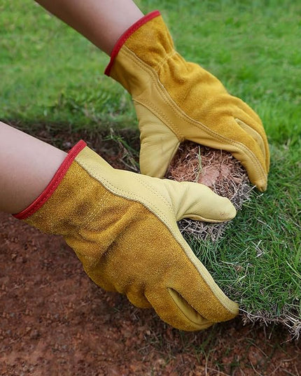 OZERO Leather Work Gloves Flex Grip Tough Cowhide Gardening Glove for Wood Cutting/Construction/Truck Driving/Garden/Yard Working for Men and Women 1 Pair (Gold,Medium)