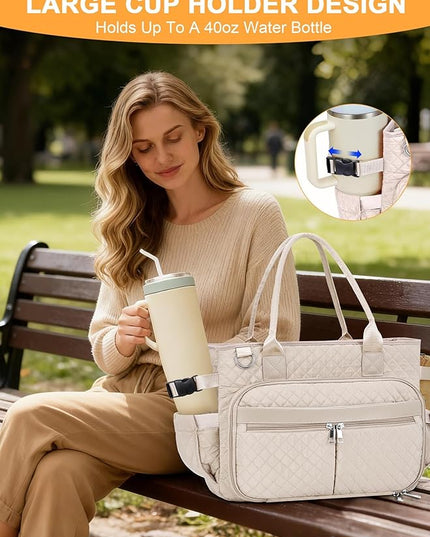 FIORETTO Teacher Tote Bag for Women with Laptop Compartment, Large Cup Holder, Zip Closure, Ideal for Work, Bible, Nurse