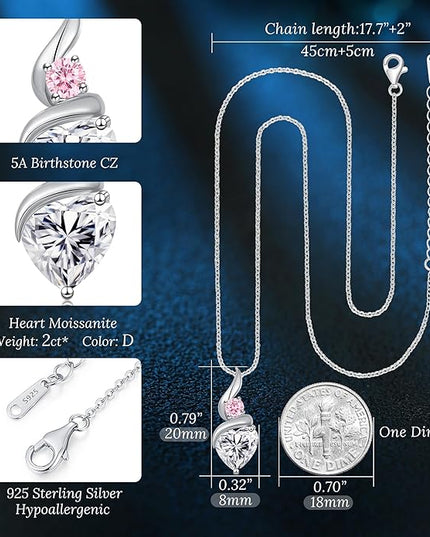 ANDSO Moissanite Heart Pendant Necklaces for Women, 925 Sterling Silver Necklace with Birthstone, Ideal Anniversary Present or Birthday Christmas Valentine Jewelry Gifts for Mom Wife Her Girlfriend