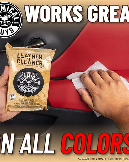 Chemical Guys Leather Cleaner Wipes Mega 50 Pack - Interior Leather Wipes for Cars, Natural, Synthetic, Faux & Pleather Surfaces, Safe for Cars, Trucks, Furniture, Boots & More, Convenient 50 Count