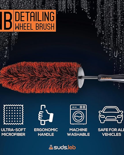 Suds Lab WB Premium Detailing Wheel Brush for All Vehicle Types – 17.7" Ultra-Soft and Scratch-Free Reusable Rim, Wheel, and Tire Brush for Deep Cleaning