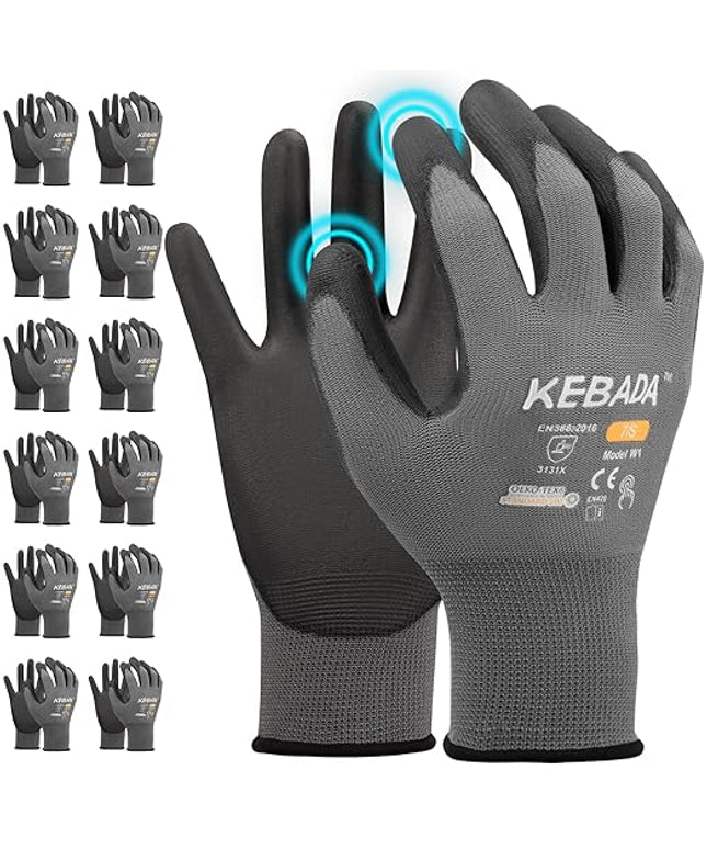 Kebada W1 Work Gloves for Men and Women, PU Coated Safety Gloves with Grip, Touchscreen, Ideal for Warehouse Package Handling, Construction, Gardening, 12 Pairs Gray Small