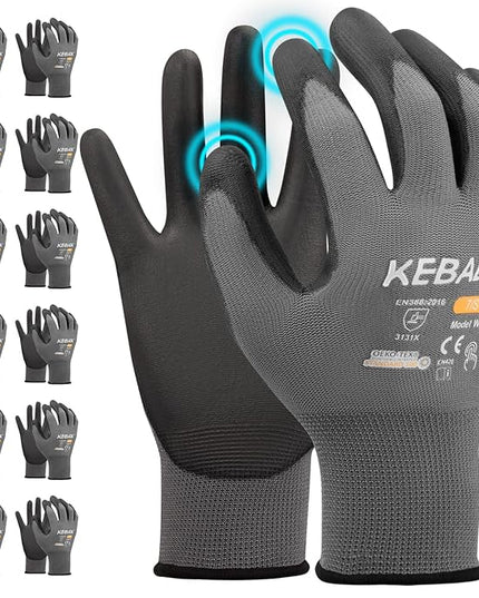 Kebada W1 Work Gloves for Men and Women, PU Coated Safety Gloves with Grip, Touchscreen, Ideal for Warehouse Work, Construction, Gardening, 12 Pairs Gray X-Large