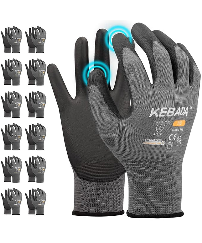 Kebada W1 Work Gloves for Men and Women, PU Coated Safety Gloves with Grip, Touchscreen, Ideal for Warehouse Work, Construction, Gardening, 12 Pairs Gray X-Large