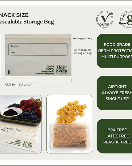 Compostable Snack Size Storage Bags - 6.5 x 3.7in, 50 Pack | Eco Plastic-Free, Strong & Zip Seal Reusable Food Bags | BPI Certified & Freezer Safe | Lunch Box & Travel Essential