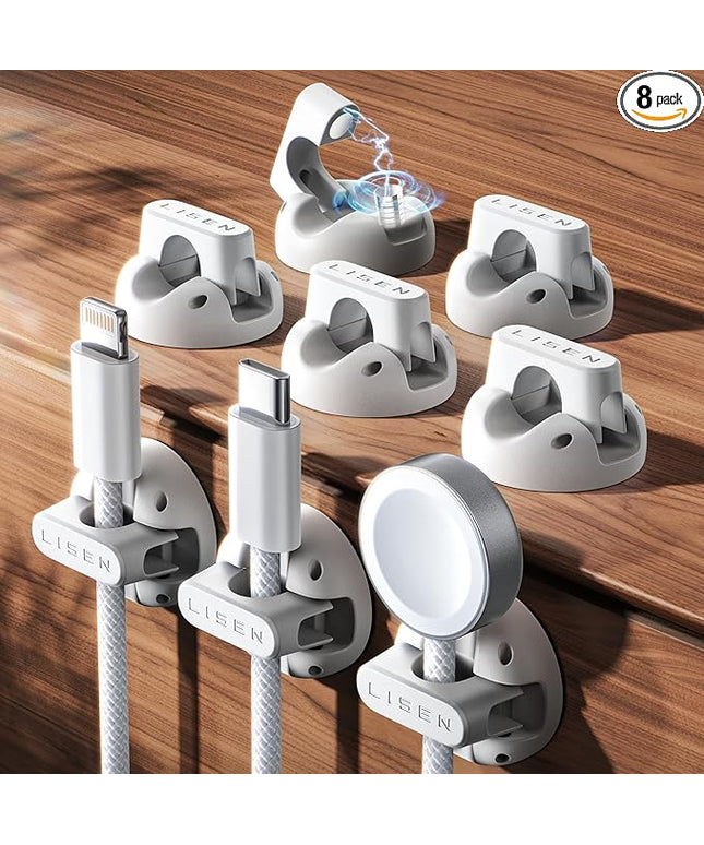 8 Pack Magnetic Cable Clips Organizer, LISEN Cord Holder for Nightstand [Smooth Adjustable] Adhesive Organizer for Cords Under Desk for Home Office Desk Car Wall Desktop Nightstand-White