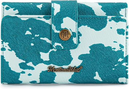 Montana West Small Wallet Trifold Blue Cow Print Wallet for Women Western Travel Wallets Womens Ladies Female Credit Card Cash Wallets with ID Window and RFID Lining