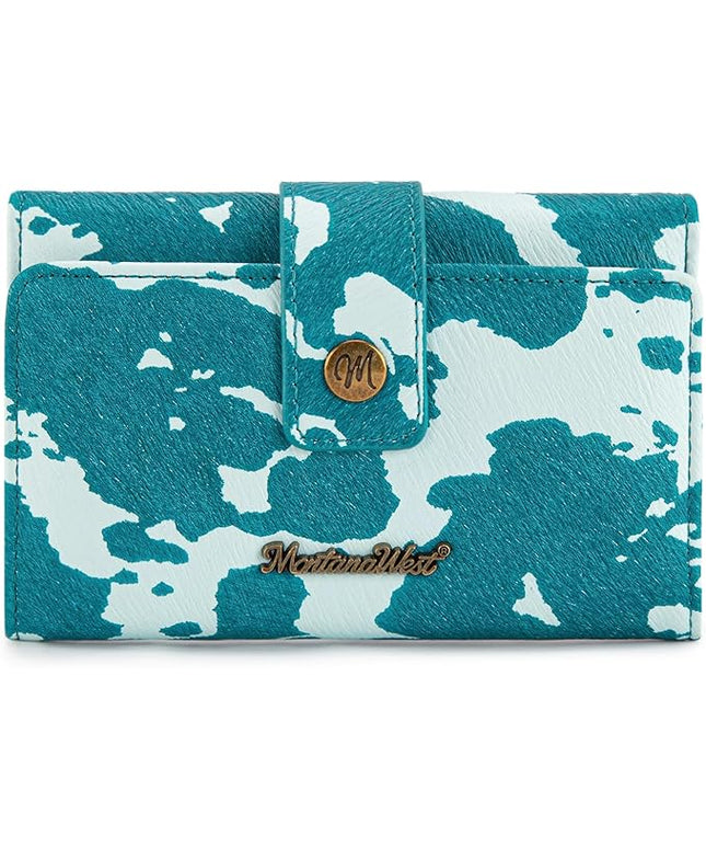 Montana West Small Wallet Trifold Blue Cow Print Wallet for Women Western Travel Wallets Womens Ladies Female Credit Card Cash Wallets with ID Window and RFID Lining