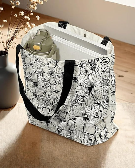 Large Tote Bag for Women, Floral Grocery Tote with Snap Thick Canvas Both Side Pattern, Gift Daily Use Shopping Travel Picnic