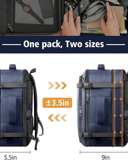 Carry On Backpack, Expandable 50–60L Work Backpack with USB Cable Port, Fits 18.4 Inch Laptop,Anti Theft Water Resistant Large Business Backpack for Men Women,TSA Flights Approve,Long Trips,Blue