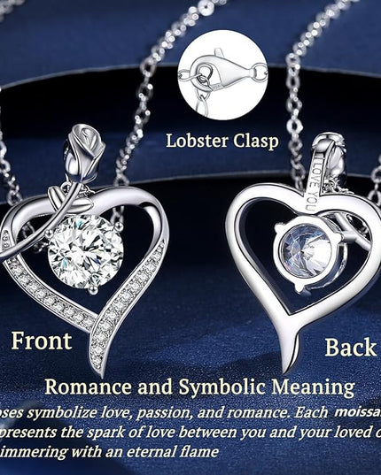 Rose Heart Pendant Necklace for Wife Moissanite Lab-Created Gem Jewelry for Women I Love You Wedding Anniversary Birthday Christmas Valentines Engagements Mothers Day for Her Girlfriend Mom Daughter