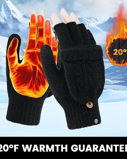 Winter Fingerless Gloves for Women Men Warm Knitted Convertible Mittens Flap Cover