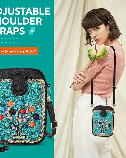 Women's Small Crossbody Cell Phone Bag, Boho Colorful Beaded Purse Wallet with Handmade Cute Patterns